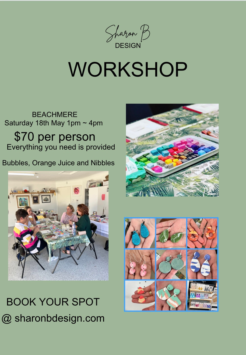 18th May 2024 ~ POLYMER CLAY EARRING WORKSHOP ~ BEACHMERE ~ 1pm~4pm